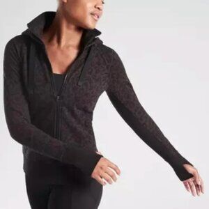 Athleta Triumph Black & Charcoal Leopard Gray Full Zip Up Hoodie + Thumb Holes